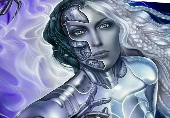 Airbrushed chrome-and-flesh figure in violet smoke on a vehicle panel