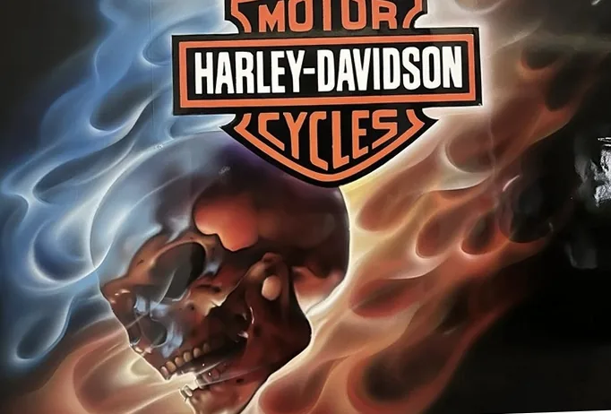 Harley-Davidson shield with a flaming skull, airbrushed on a tank