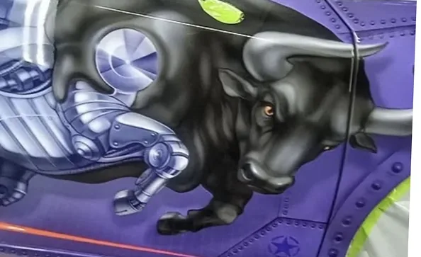 Airbrushed mechanical bull bursting through metal plating