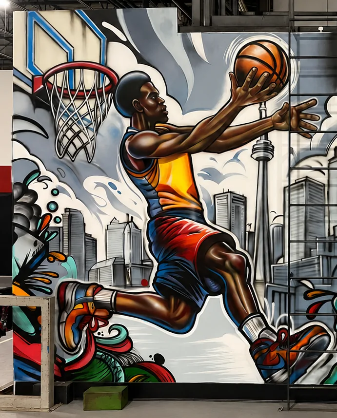 Basketball player mid-dunk mural with Toronto skyline and colour bursts