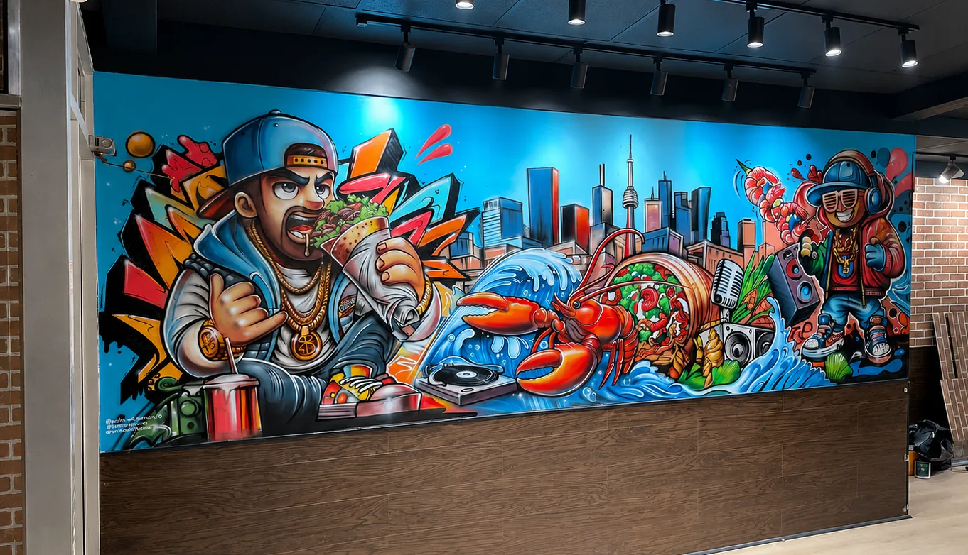 Panoramic restaurant mural — character eating, Toronto skyline, lobster and seafood on a blue wave