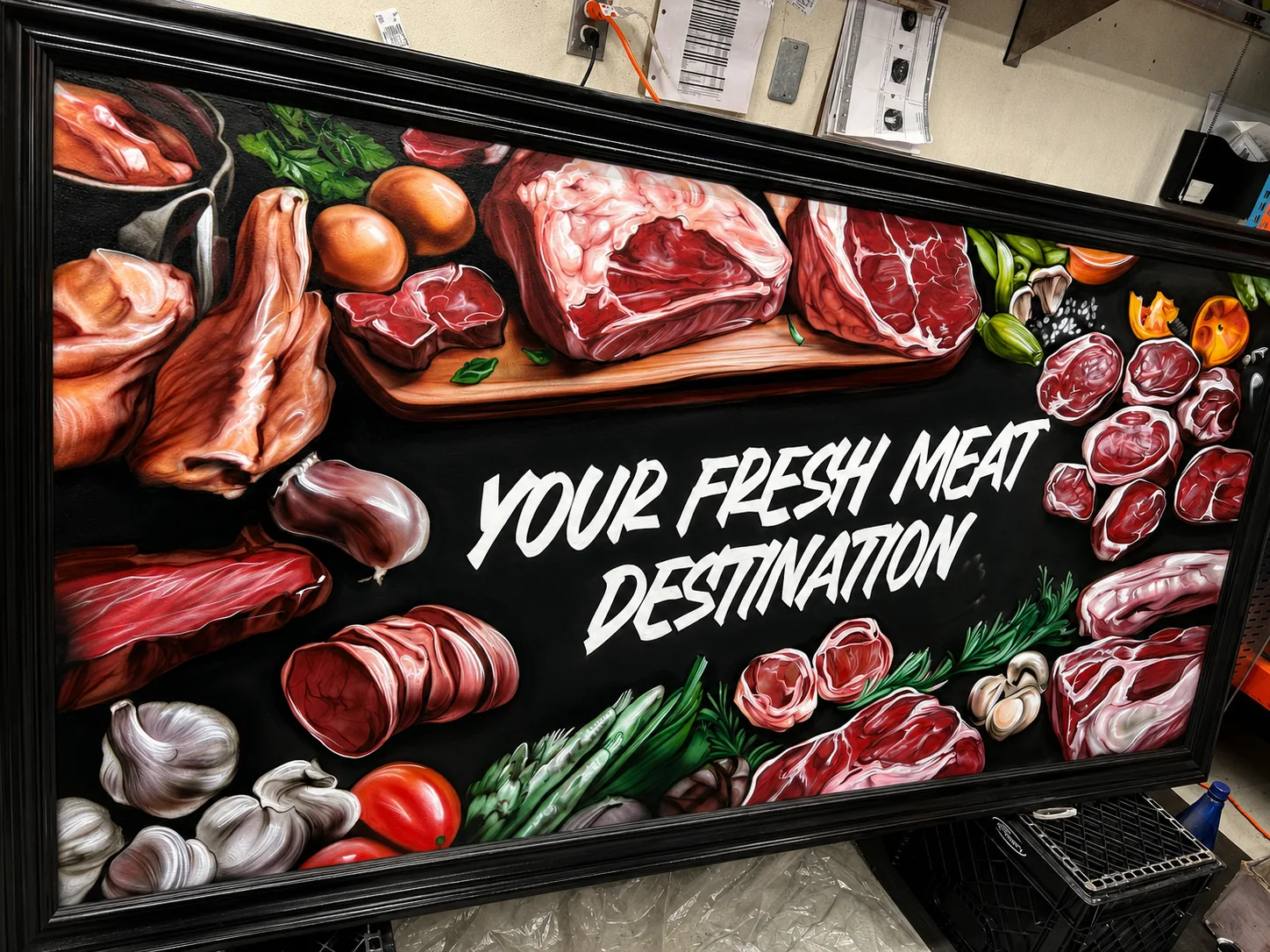 Chalkboard-realism butcher mural — 'Your Fresh Meat Destination'