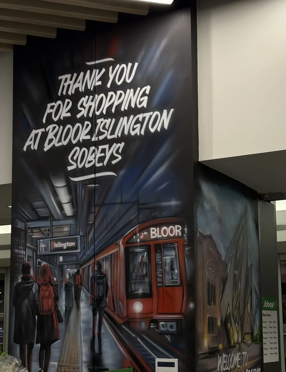 Bloor Islington Sobeys mural — subway car and commuters
