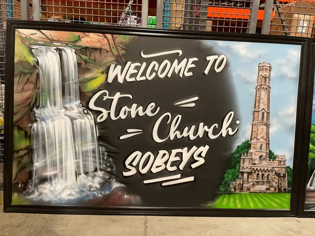 Stone Church Sobeys mural — waterfall and stone monument