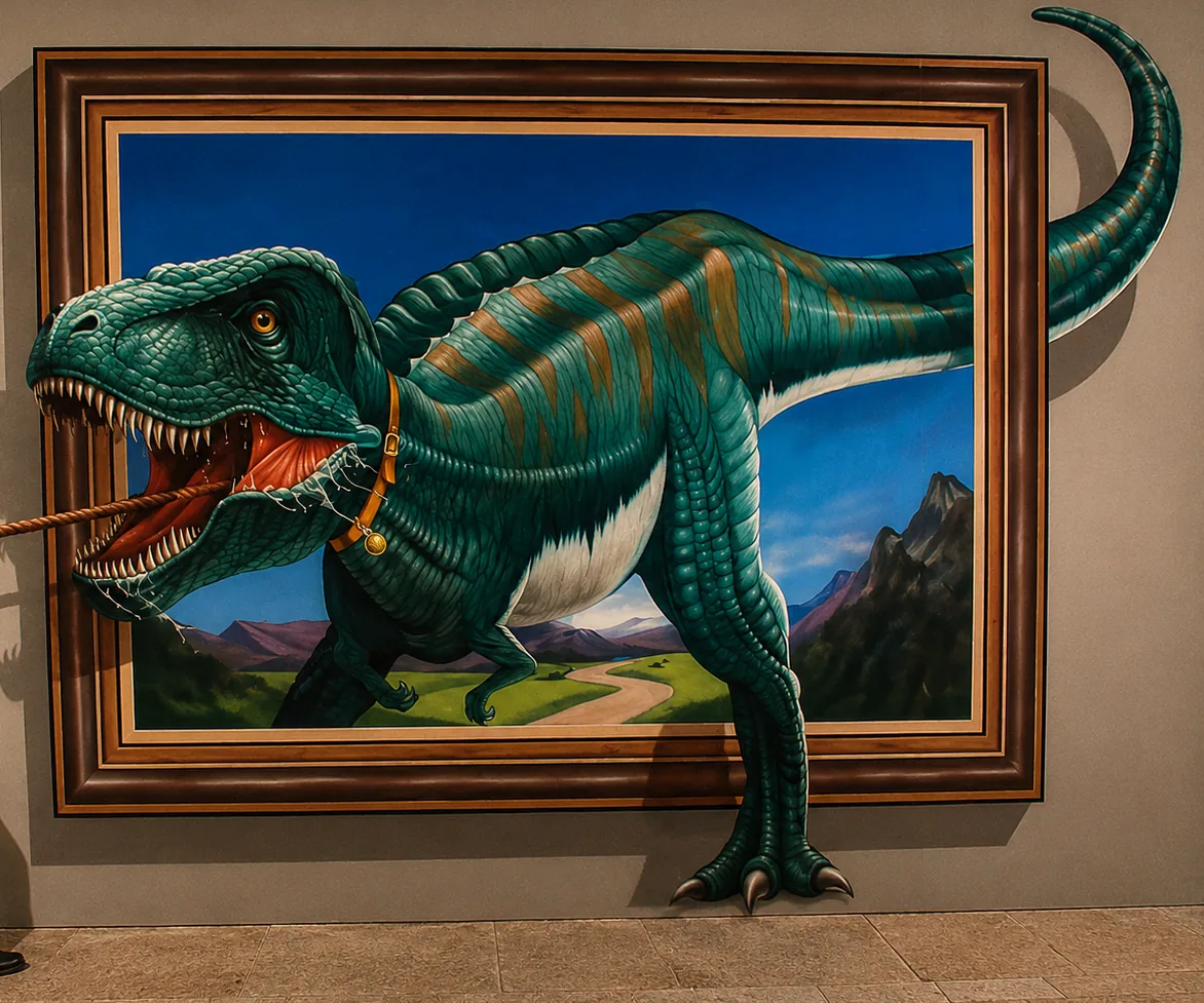 3D illusion mural — T-Rex bursting out of a picture frame