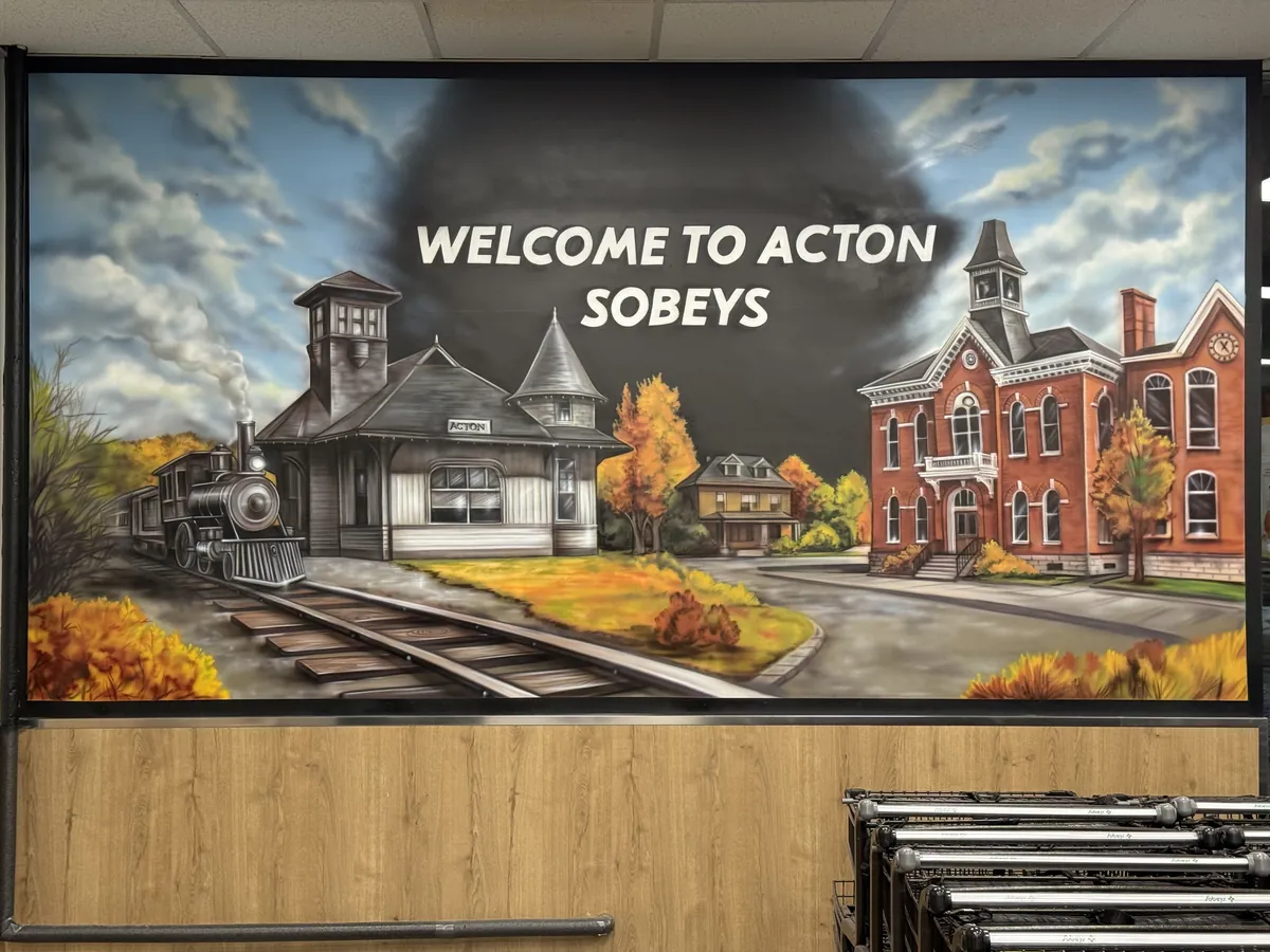 Acton Sobeys mural — heritage rail station and town hall