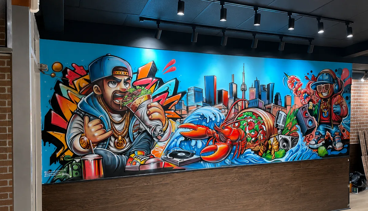 Panoramic restaurant mural with skyline and seafood