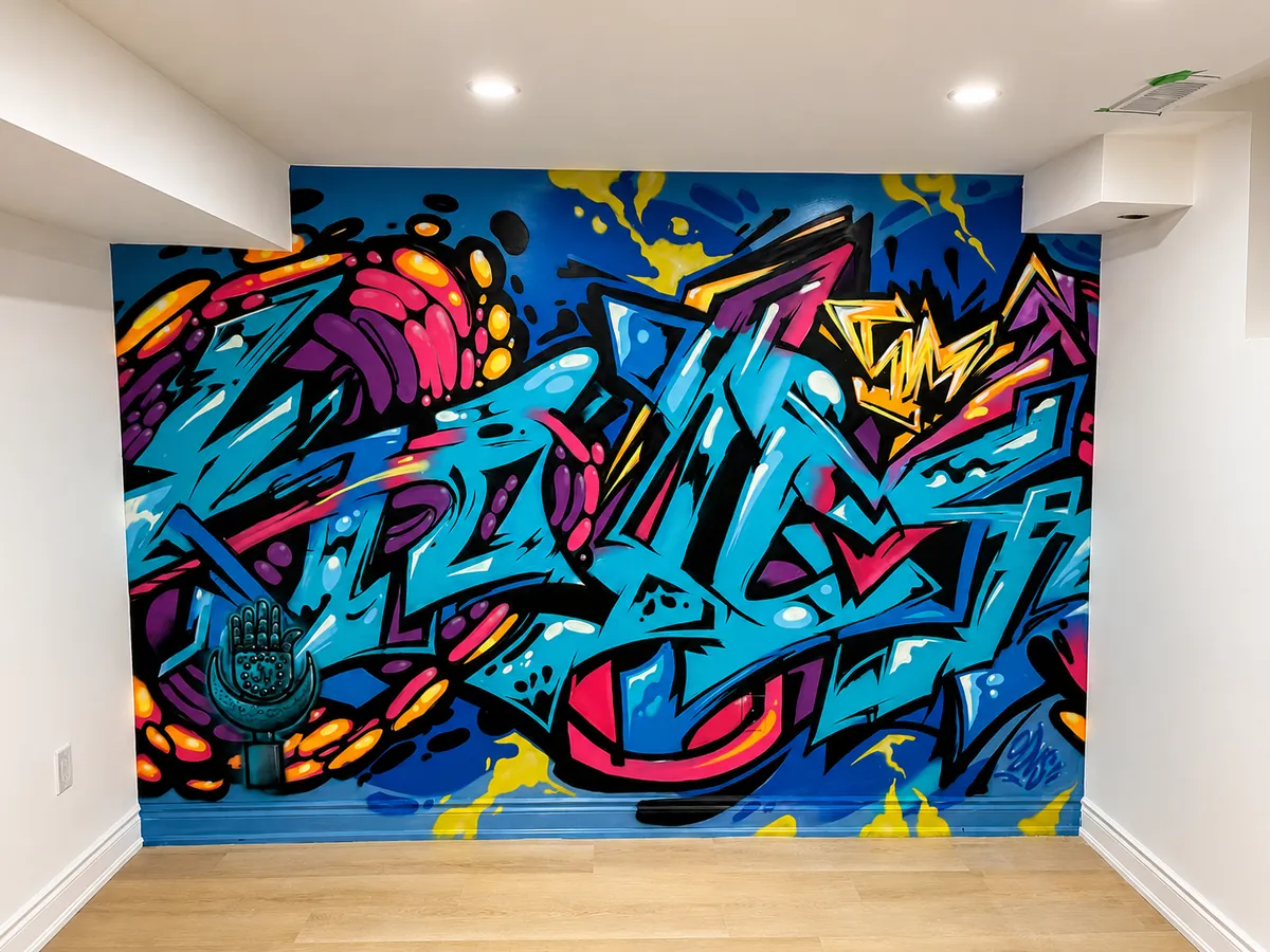 Wildstyle graffiti burner in blue and pink